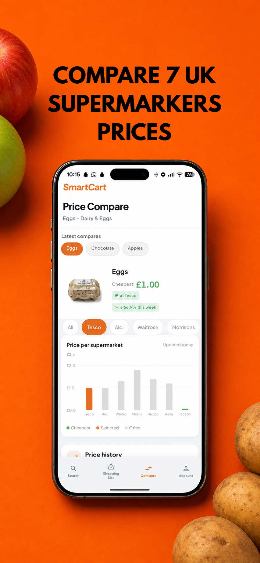 SmartCart price comparison screen on a phone
