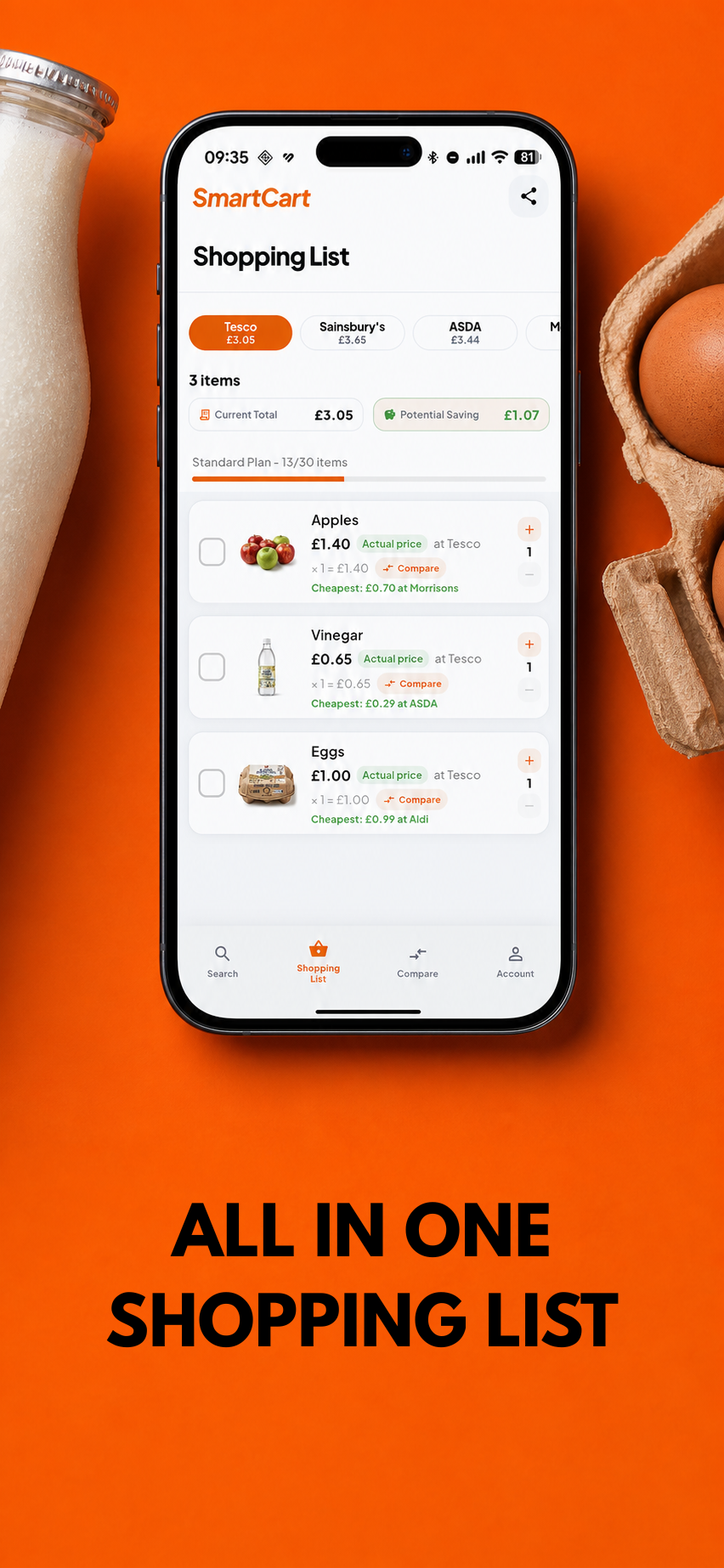 SmartCart shopping list screen on a phone